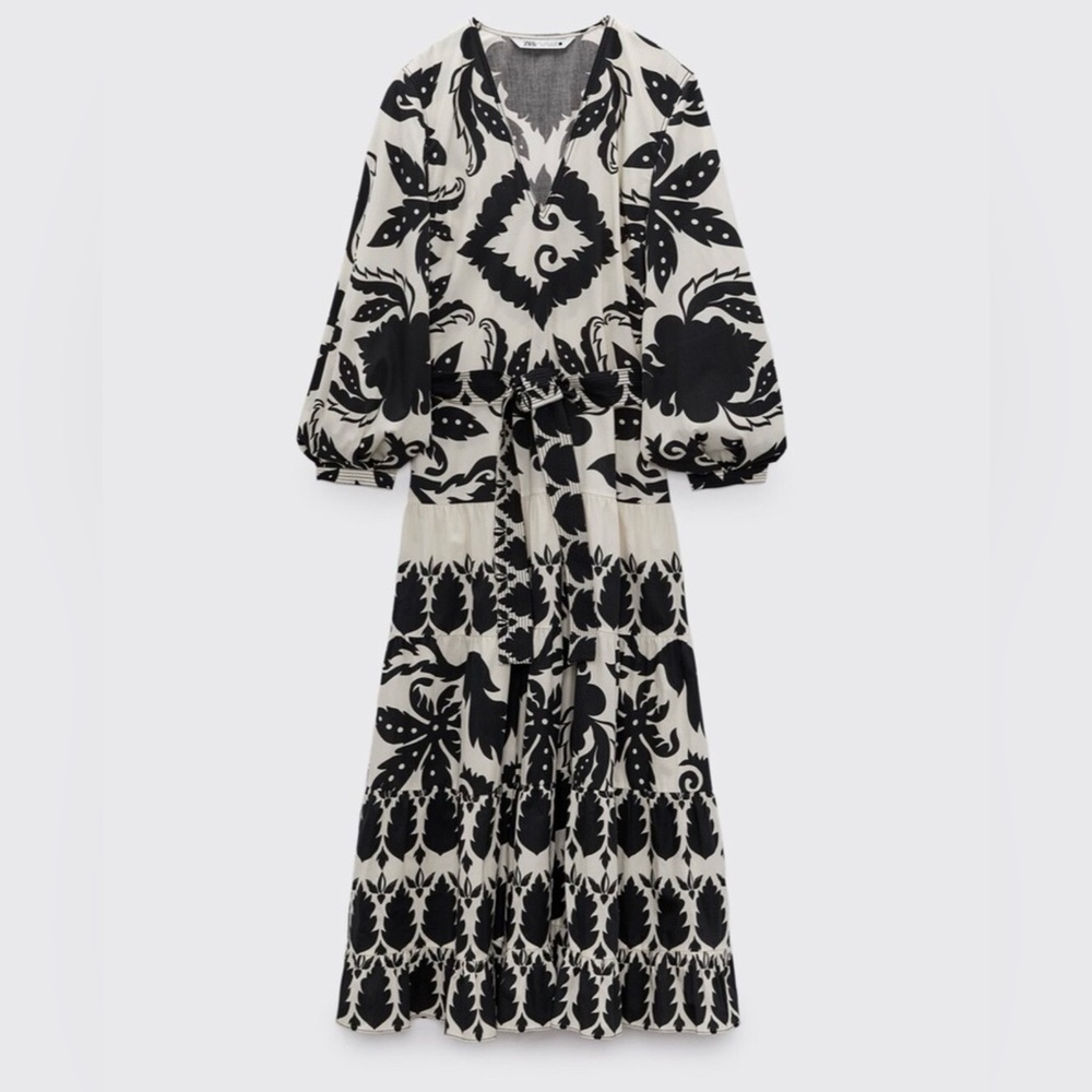 Zara Printed Maxi Dress Long Balloon Sleeves Black Cream Trending SZ XS EUC